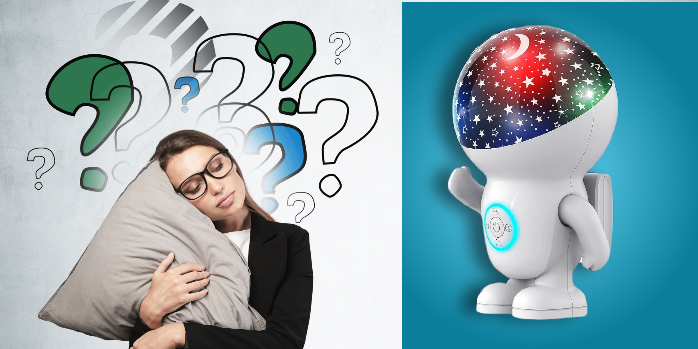 A woman holding a pillow appears to be sleeping while standing, with question marks around her, implying confusion or thoughtfulness; on the right is an illustration of a humanoid figurine with a starry design and a question mark on its head.