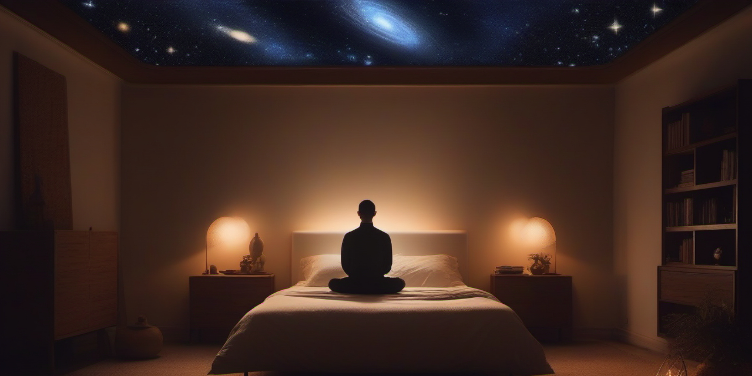 A man sitting on a bed in front of a starry sky.