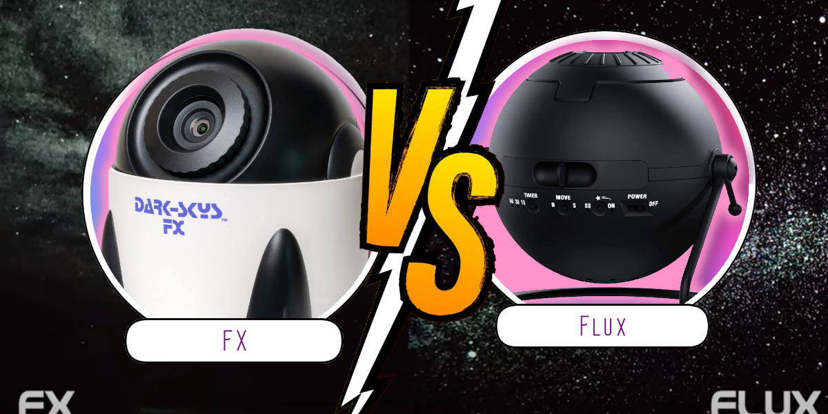 Two projectors labeled FX and Flux face off, with a "Vs" symbol in the middle. FX is white and black; Flux is all black. Both are set against a cosmic background.